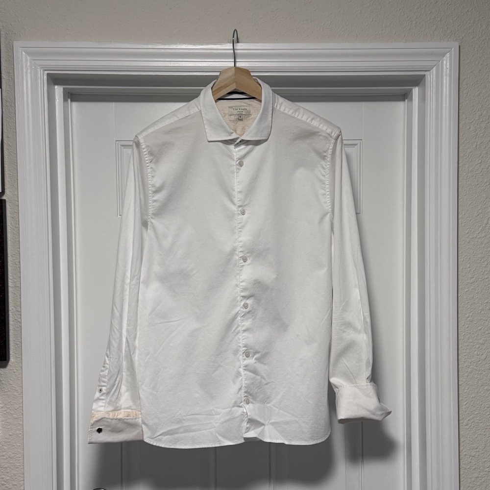 TED BAKER White Textured Dobby Cotton Men’s Dress Shirt Size 6 | L/XL
